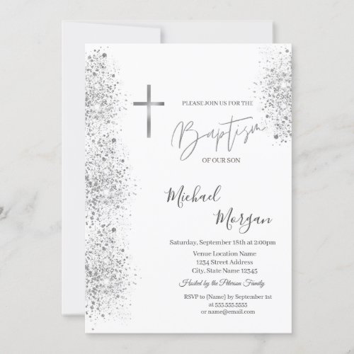 Chic Silver Cross Baptism Silver Glitter Confetti Invitation