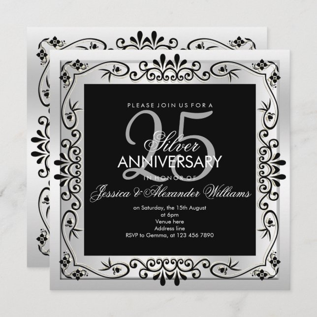 Chic Silver Decorative Framed 25th Anniversary Invitation (Front/Back)