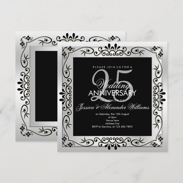 Chic Silver Decorative Framed 25th Anniversary Invitation (Front/Back)