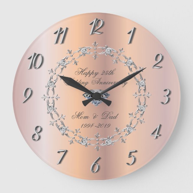 Chic Silver Diamonds  25th Wedding Anniversary Large Clock (Front)