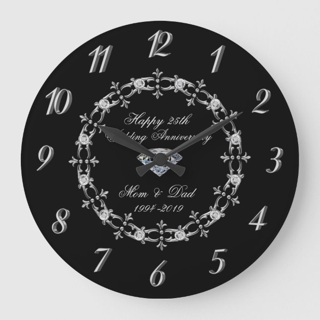 Chic Silver Diamonds 25th Wedding Anniversary Large Clock (Front)