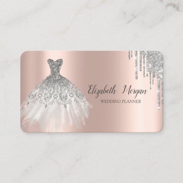 Chic Silver Dress Glitter Drips Rose Gold  Business Card (Front)