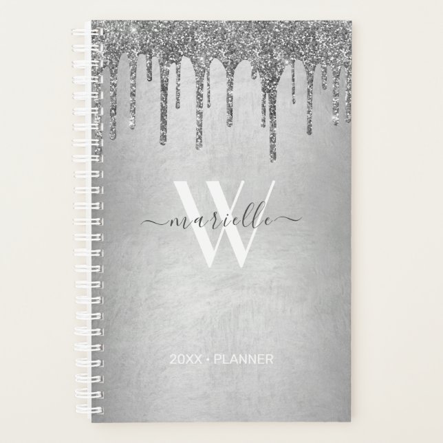 Chic Silver Dripping Glitter Monogram Name 2022 Planner (Front)