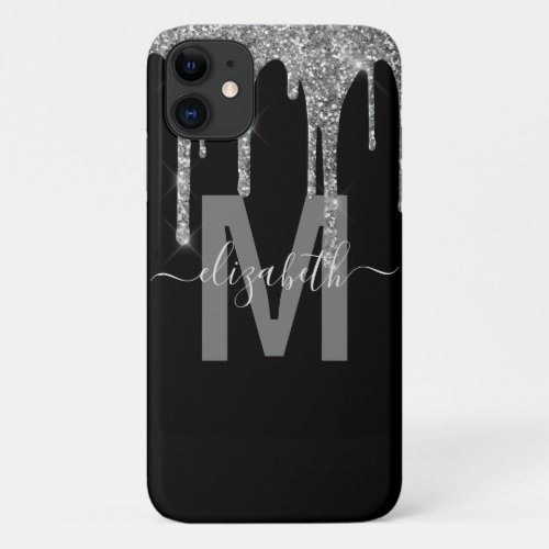 Chic Silver Dripping Glitter Monogram Name iPhone 11 Case