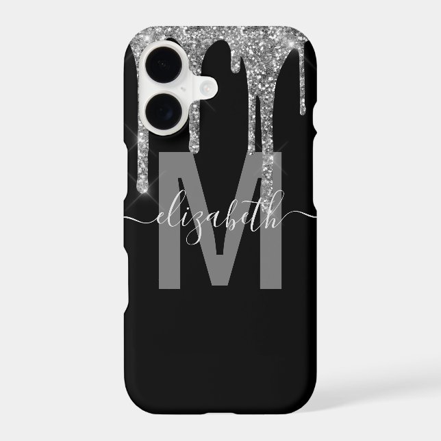 Chic Silver Dripping Glitter Monogram Name Iphone Case (Back)