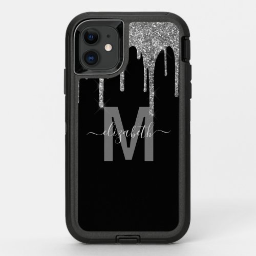 Chic Silver Dripping Glitter Monogram Name OtterBox Defender iPhone 11 Case