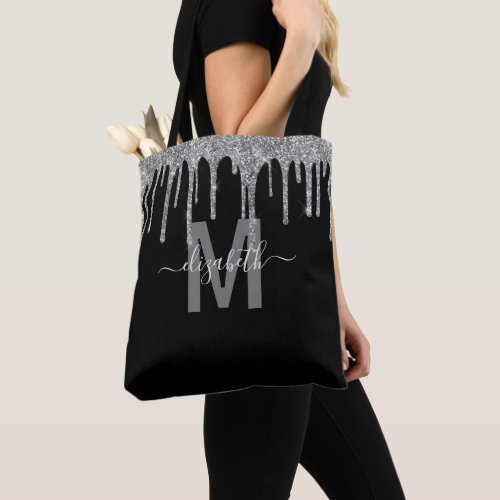 Chic Silver Dripping Glitter Monogram Name Tote Bag