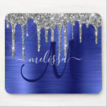 Chic Silver Dripping Glitter Purple Metal Monogram Mouse Pad<br><div class="desc">Add a touch of glitter and glam to your home office or dorm with this elegant personalized mouse pad. This chic design template features a large purple script monogram and your name to personalize on a background of faux purple brushed metallic texture accented by a border of faux silver dripping...</div>