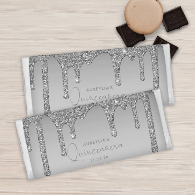 Chic Silver Dripping Glitter Quinceanera Hershey Bar Favors (Creator Uploaded)