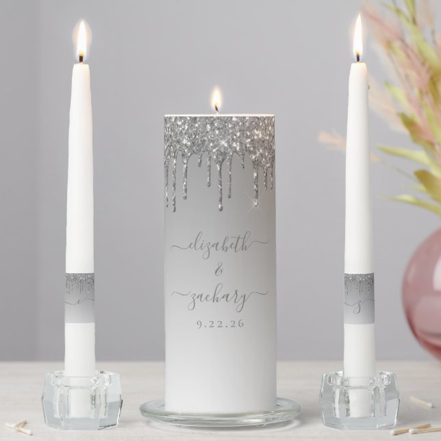 Chic Silver Dripping Glitter Wedding Unity Candle Set (In Situ)