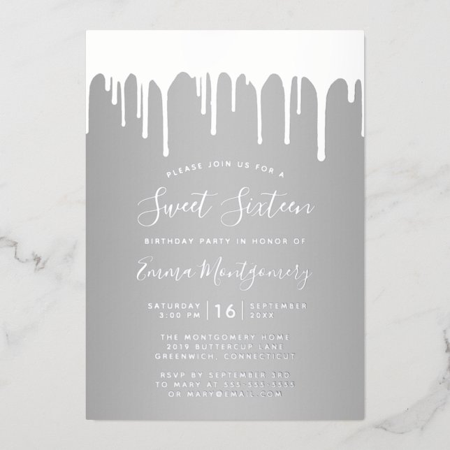 Chic Silver Drips Sweet 16 Birthday Party Foil Invitation (Front)