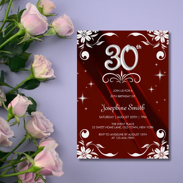 Chic Silver Floral Frame Burgundy 30th Birthday Invitation (Creator Uploaded)