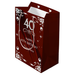Chic Silver Floral Frame Burgundy 40th Birthday Medium Gift Bag