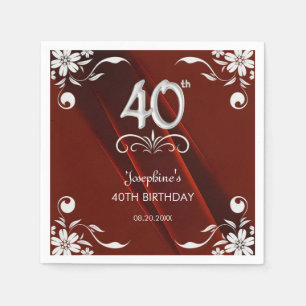 Chic Silver Floral Frame Burgundy 40th Birthday Napkins