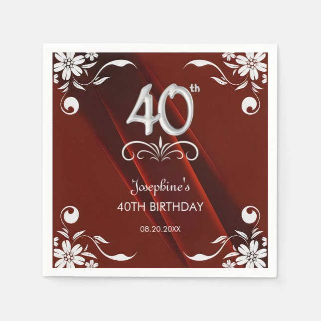 Chic Silver Floral Frame Burgundy 40th Birthday Napkins (Front)