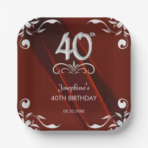 Chic Silver Floral Frame Burgundy 40th Birthday Paper Plates