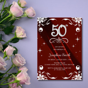 Chic Silver Floral Frame Burgundy 50th Birthday Invitation