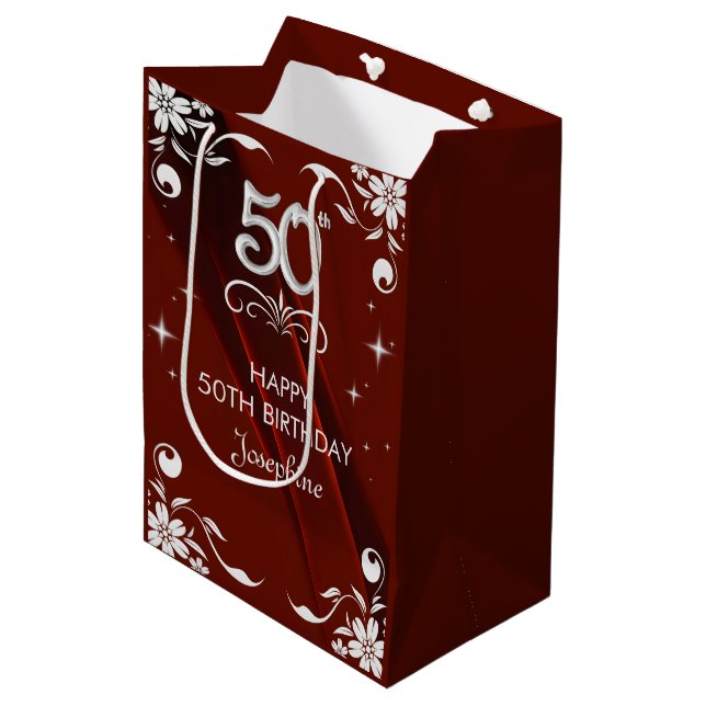 Chic Silver Floral Frame Burgundy 50th Birthday Medium Gift Bag (Front Angled)