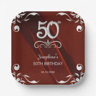 Chic Silver Floral Frame Burgundy 50th Birthday Paper Plates