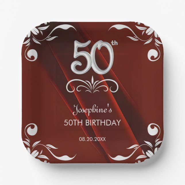 Chic Silver Floral Frame Burgundy 50th Birthday Paper Plates (Front)