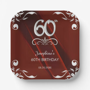 Chic Silver Floral Frame Burgundy 60th Birthday Paper Plates