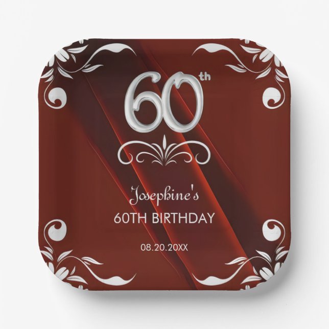 Chic Silver Floral Frame Burgundy 60th Birthday Paper Plates (Front)