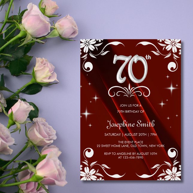 Chic Silver Floral Frame Burgundy 70th Birthday Invitation (Creator Uploaded)