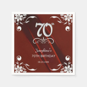 Chic Silver Floral Frame Burgundy 70th Birthday Napkins