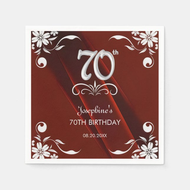 Chic Silver Floral Frame Burgundy 70th Birthday Napkins (Front)