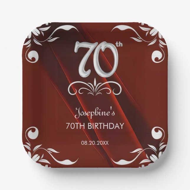 Chic Silver Floral Frame Burgundy 70th Birthday Paper Plates (Front)