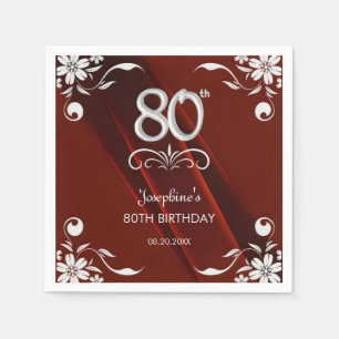 Chic Silver Floral Frame Burgundy 80th Birthday Napkins