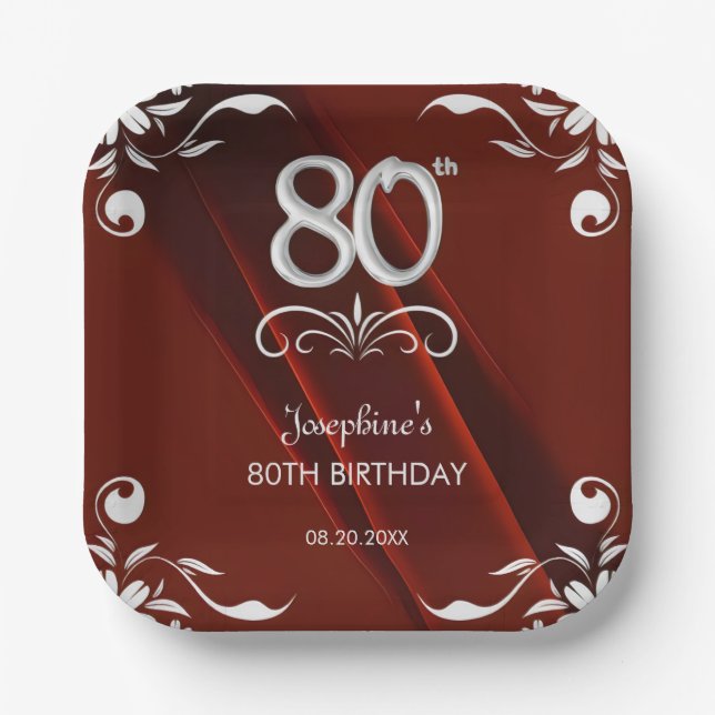 Chic Silver Floral Frame Burgundy 80th Birthday Paper Plates (Front)