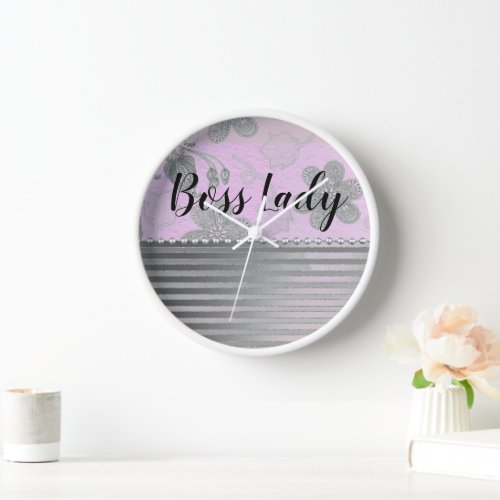 Chic Silver Floral Lavender Boss Lady Clock