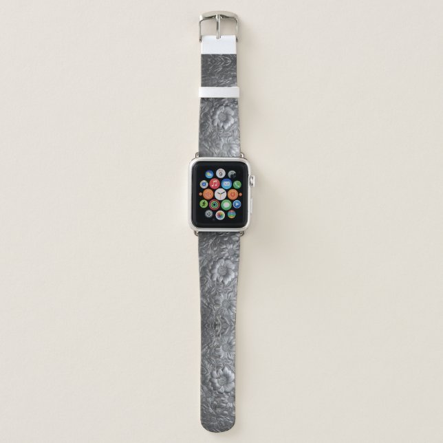 Chic Silver Floral Leather Look Apple Watch  Band (Front)