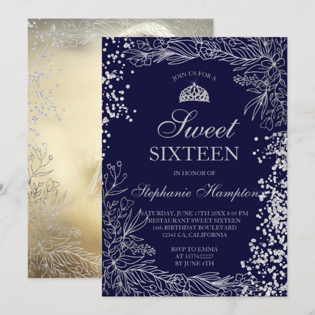 Chic silver floral navy blue Tiara chic Sweet 16 Invitation (Front/Back)