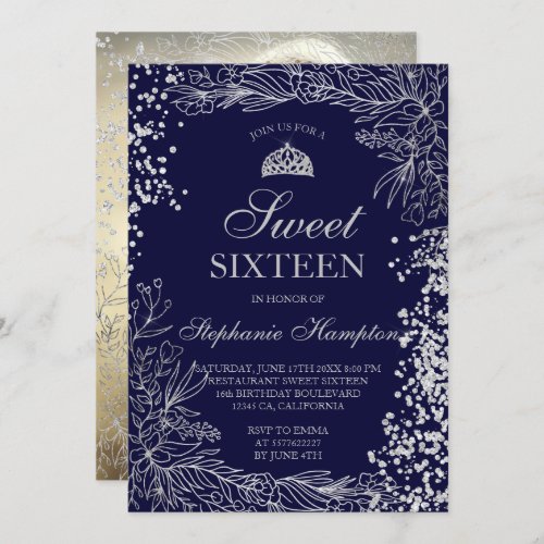 Chic silver floral navy blue Tiara chic Sweet 16 Invitation