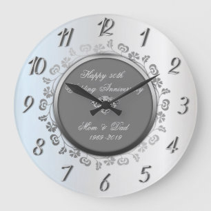 Chic Silver Floral Swirls 50th Wedding Anniversary Large Clock