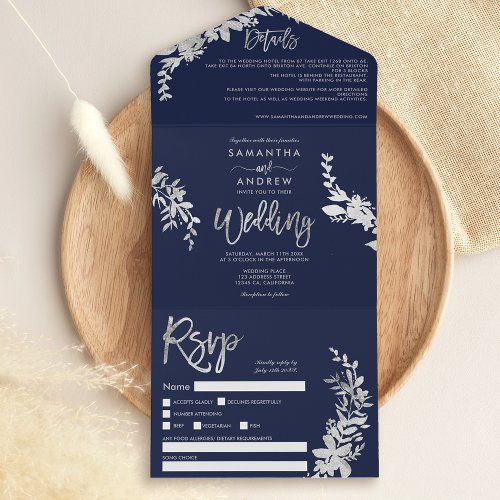Chic silver floral typography navy blue wedding all in one invitation