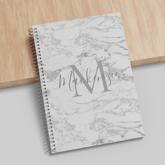 Chic Silver Foil Classic Marble Monogram Notebook (Creator Uploaded)