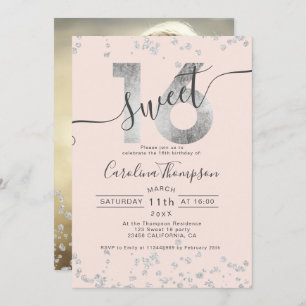 Chic silver foil confetti blush Sweet 16 photo Invitation