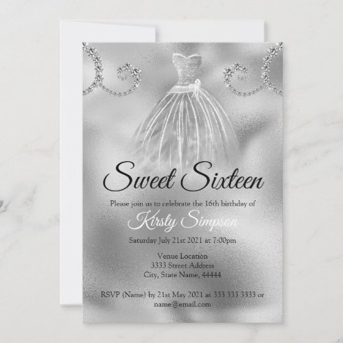 Chic Silver Foil Diamonds Sweet Sixteen Party  Invitation
