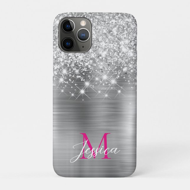 Chic Silver Foil Faux Glitter Hot Pink Monogram Case-Mate iPhone Case (Back)