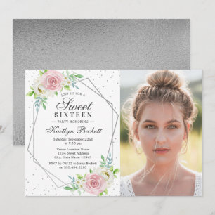 Chic Silver Foil Floral Photo Sweet 16 Birthday Invitation