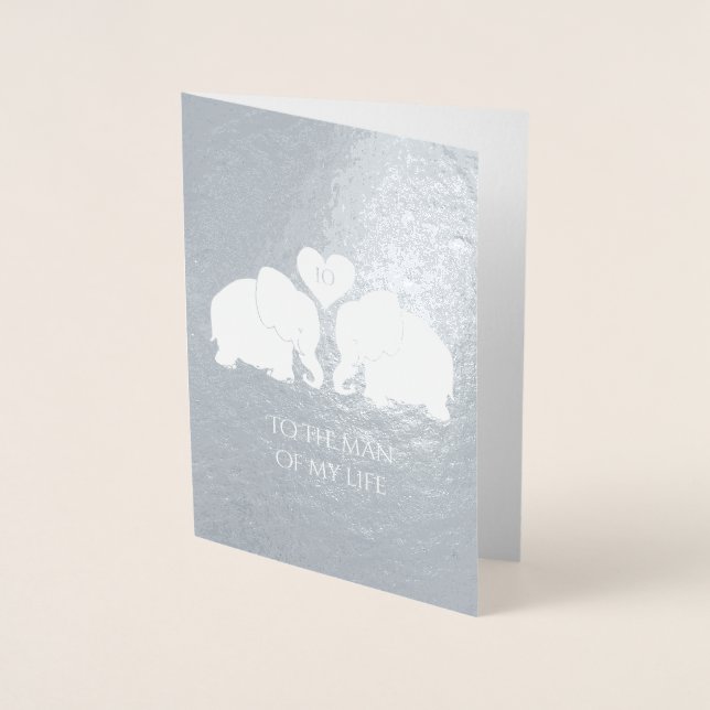 Chic Silver Foil Heart Elephants 10th Anniversary Foil Card (Front)