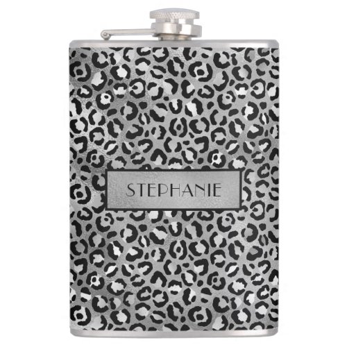 Chic Silver Foil Leopard Print Personalized Flask