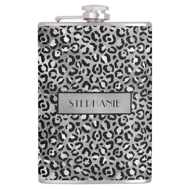 Chic Silver Foil Leopard Print Personalized Flask (Front)