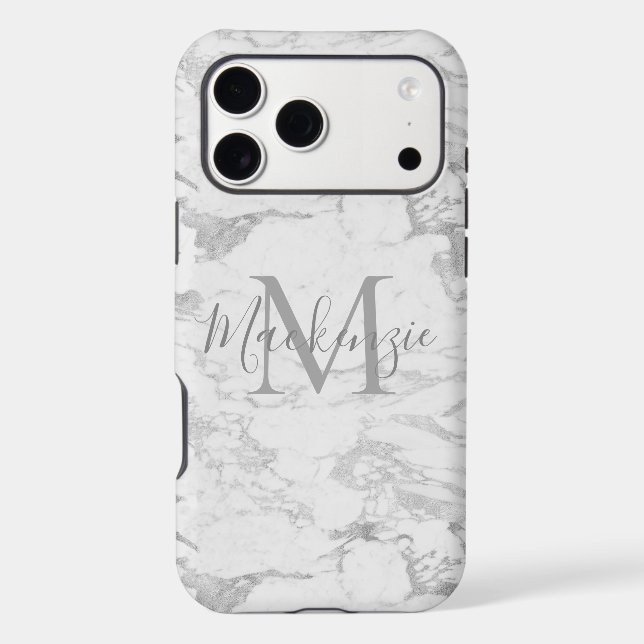 Chic Silver Foil Marble Monogram Iphone Case (Back)