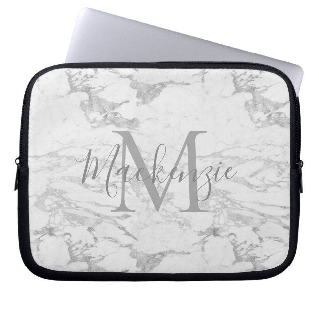 Chic Silver Foil Marble Monogram Laptop Sleeve (Front)
