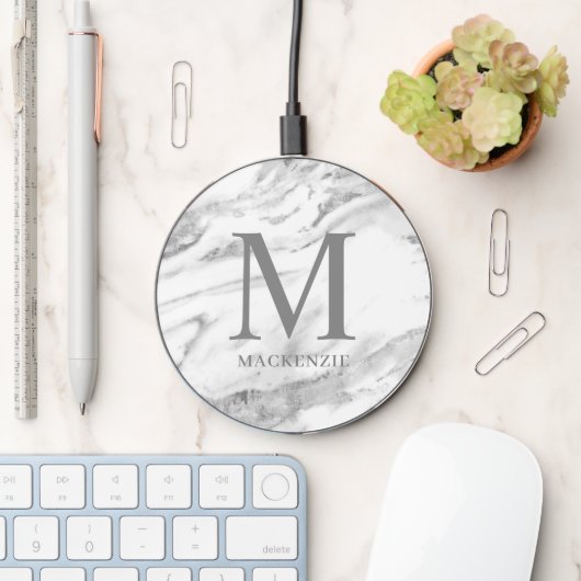 Chic Silver Foil Marble Monogram Wireless Charger (Desk)