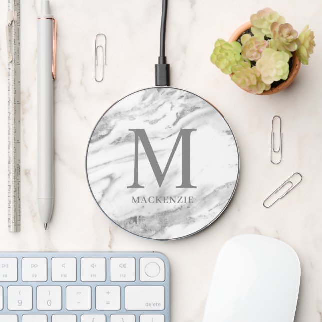 Chic Silver Foil Marble Monogram Wireless Charger (Desk)